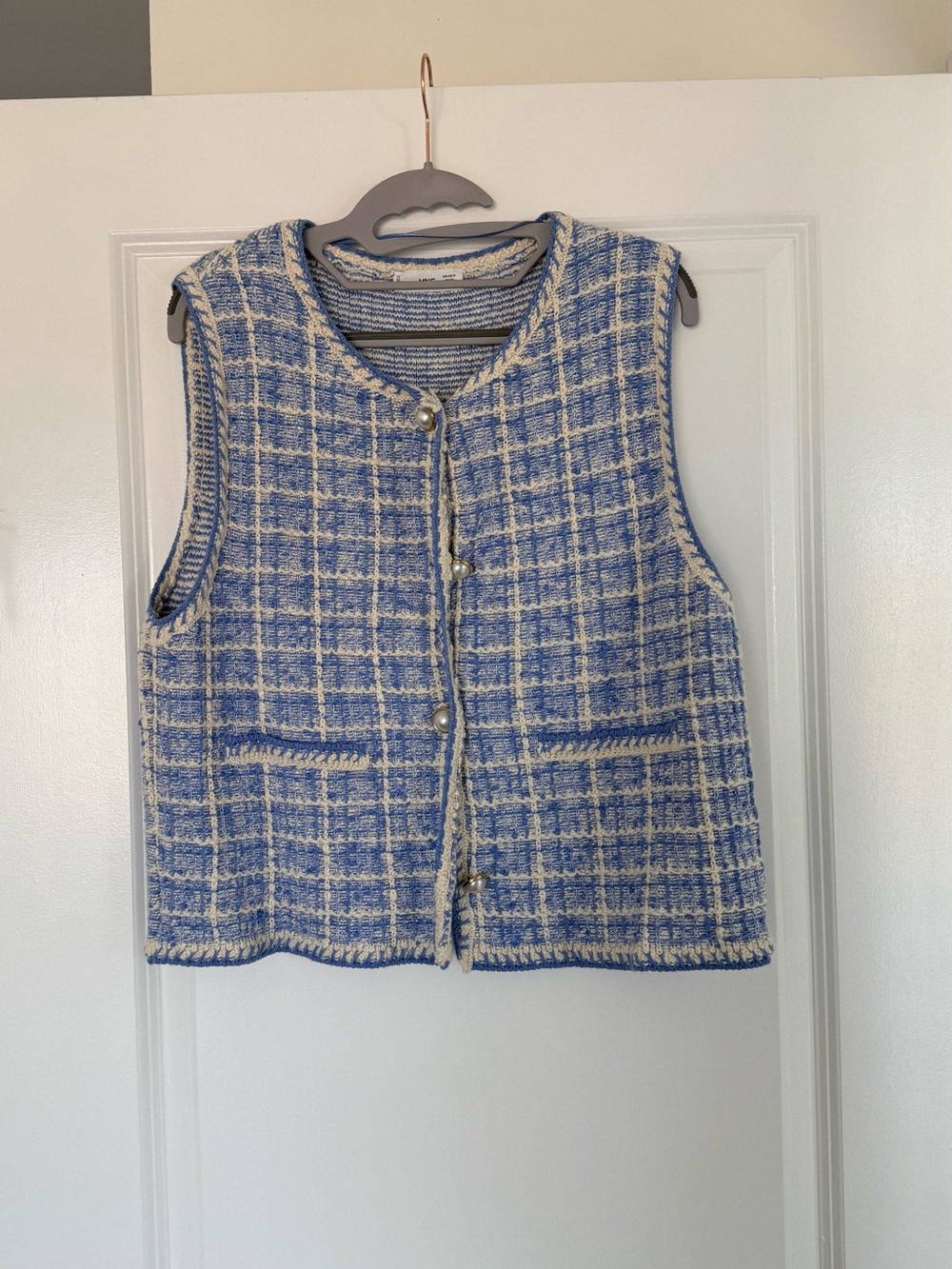 Mango Blue & Cream Tweed Sleeveless Vest